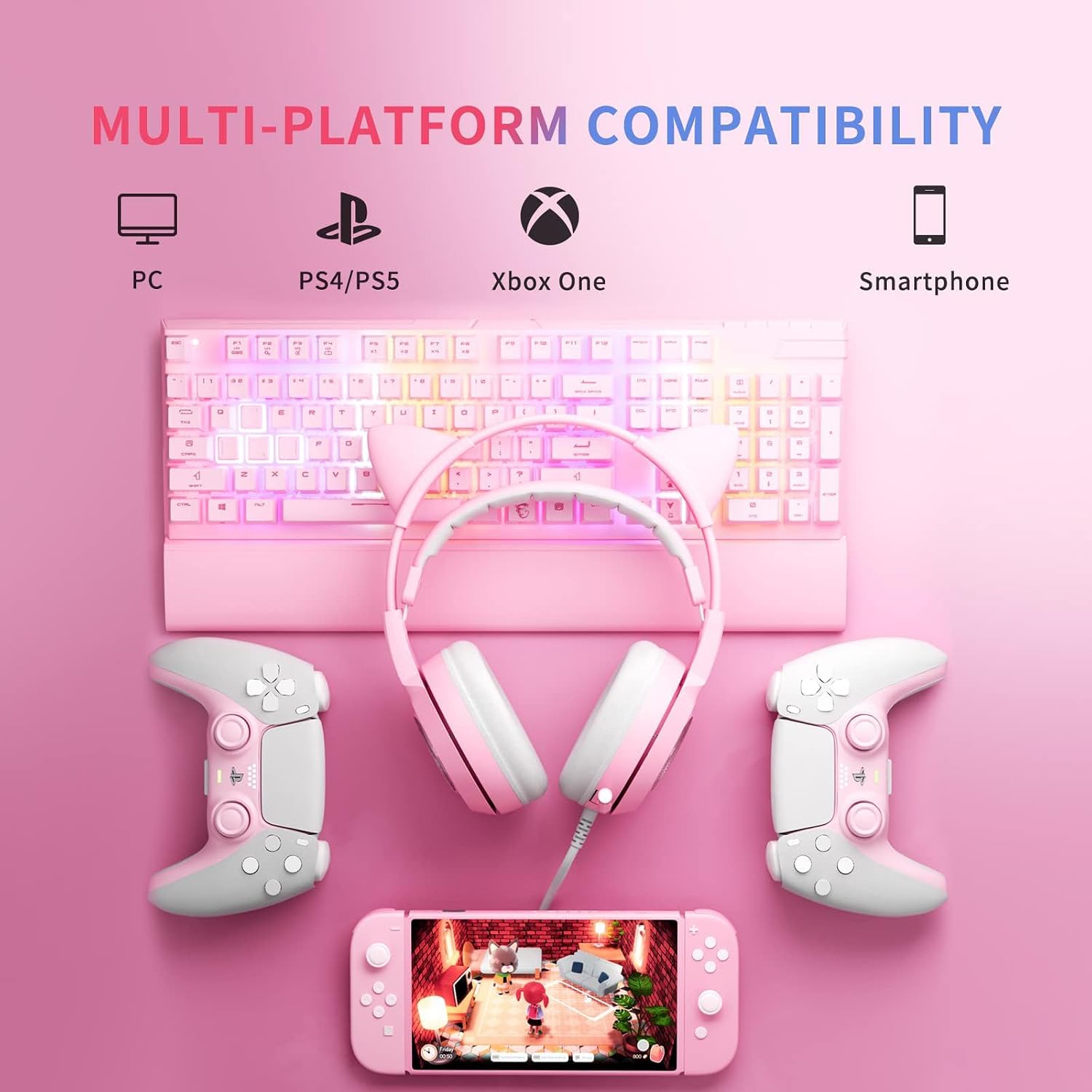 Detalle 2 de Somic G951S Rosa Gaming-Headset mit Mikrofon und Katzenohren (3,5-mm-Kabel)