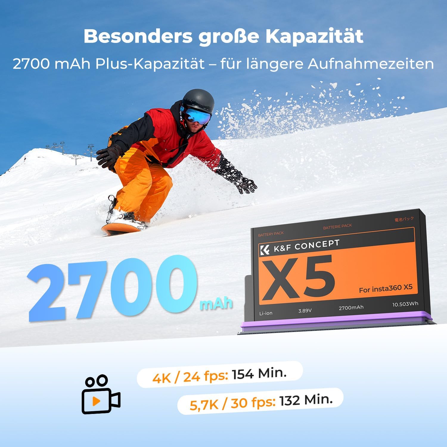 Thumbnail 2 de K&F CONCEPT 2700mAh Ersatzakku für Insta360 X5 – zuverlässige Zusatzenergie