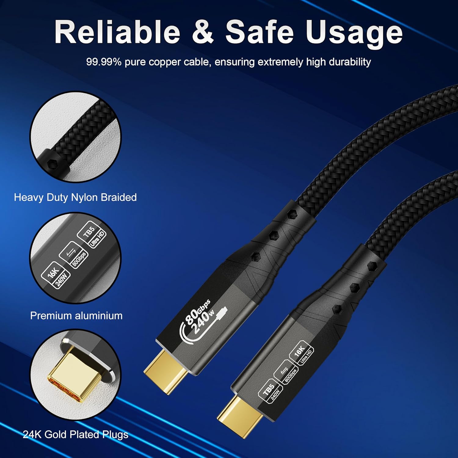 Thumbnail 5 de ZIKNYDO USB4 2.0 to Thunderbolt 5 Cable (80Gbps) 1m with PD 3.1 up to 240W