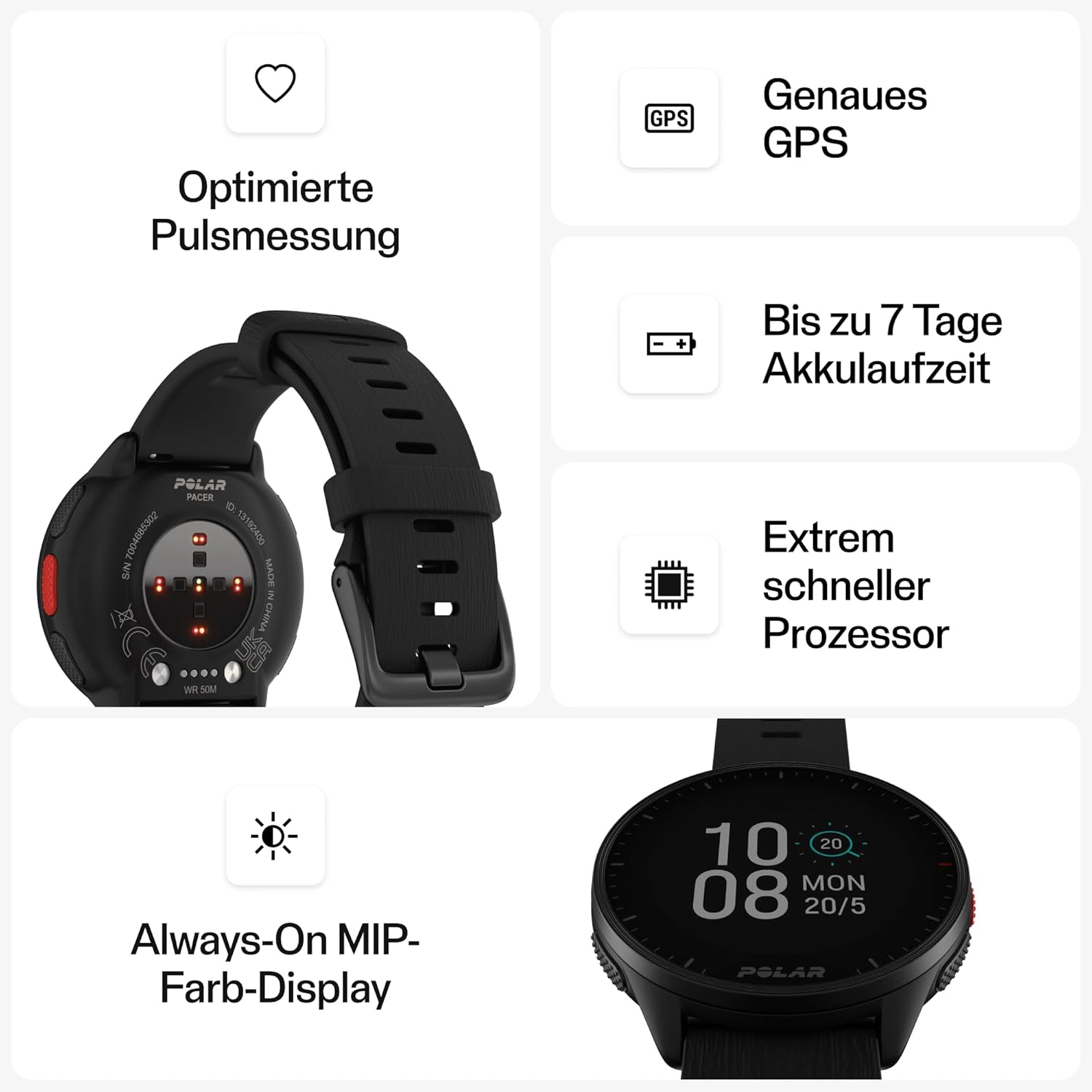 Thumbnail 6 de Polar Pacer GPS-Laufuhr mit helles Display, präzisem Pulsmesser & Trainings-/Erholungsfunktionen