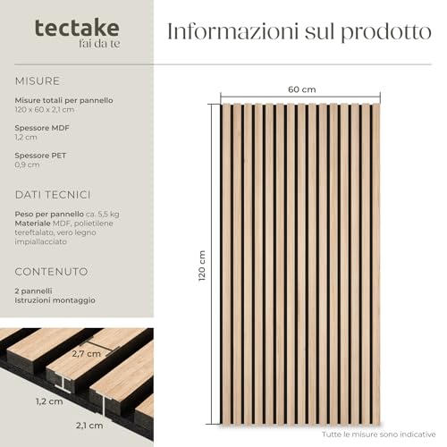 Detalle de tectake Set di 2 Pannelli Acustici Effetto Legno Rovere Chiaro – Pannelli Fonoassorbenti Decorativi per Pareti e Soffitti