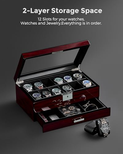 Thumbnail 2 de ANWBROAD 12 Slots Watch Box for Men – 2-Tier Wooden Case with Lockable Glass Lid