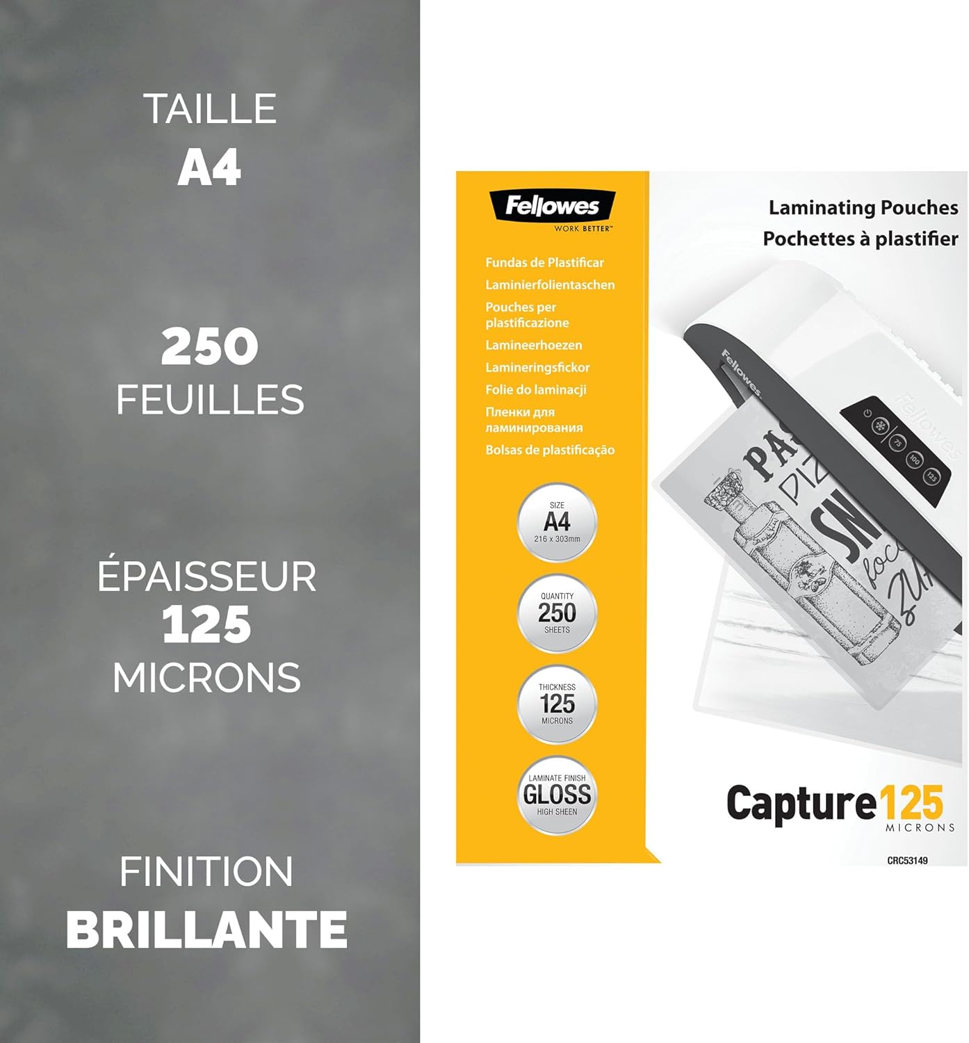 Detalle 2 de Pochettes de plastification Fellowes A4 125 µm, pack 250 – finition brillante