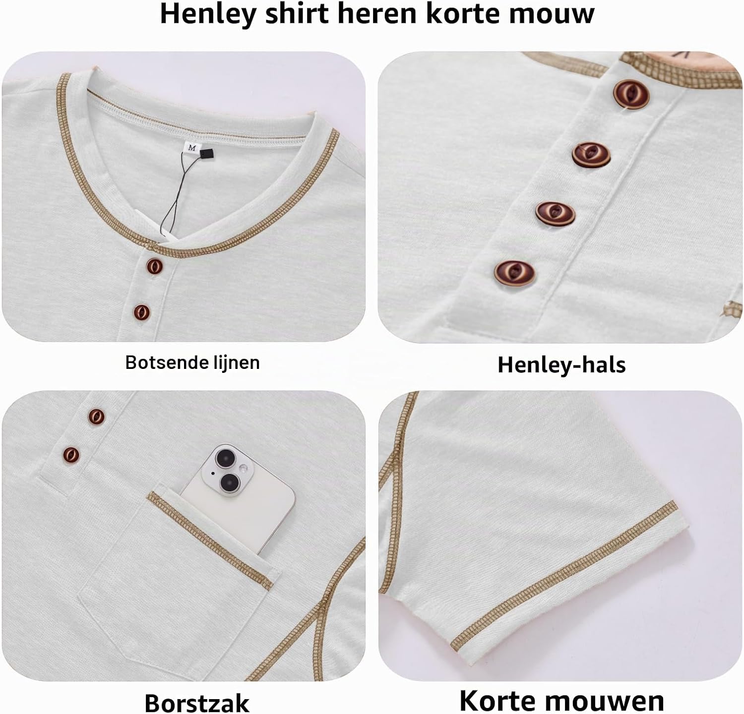 Detalle de LAOARA Henley T-shirt voor heren met korte mouwen, V-hals, zak en knopen