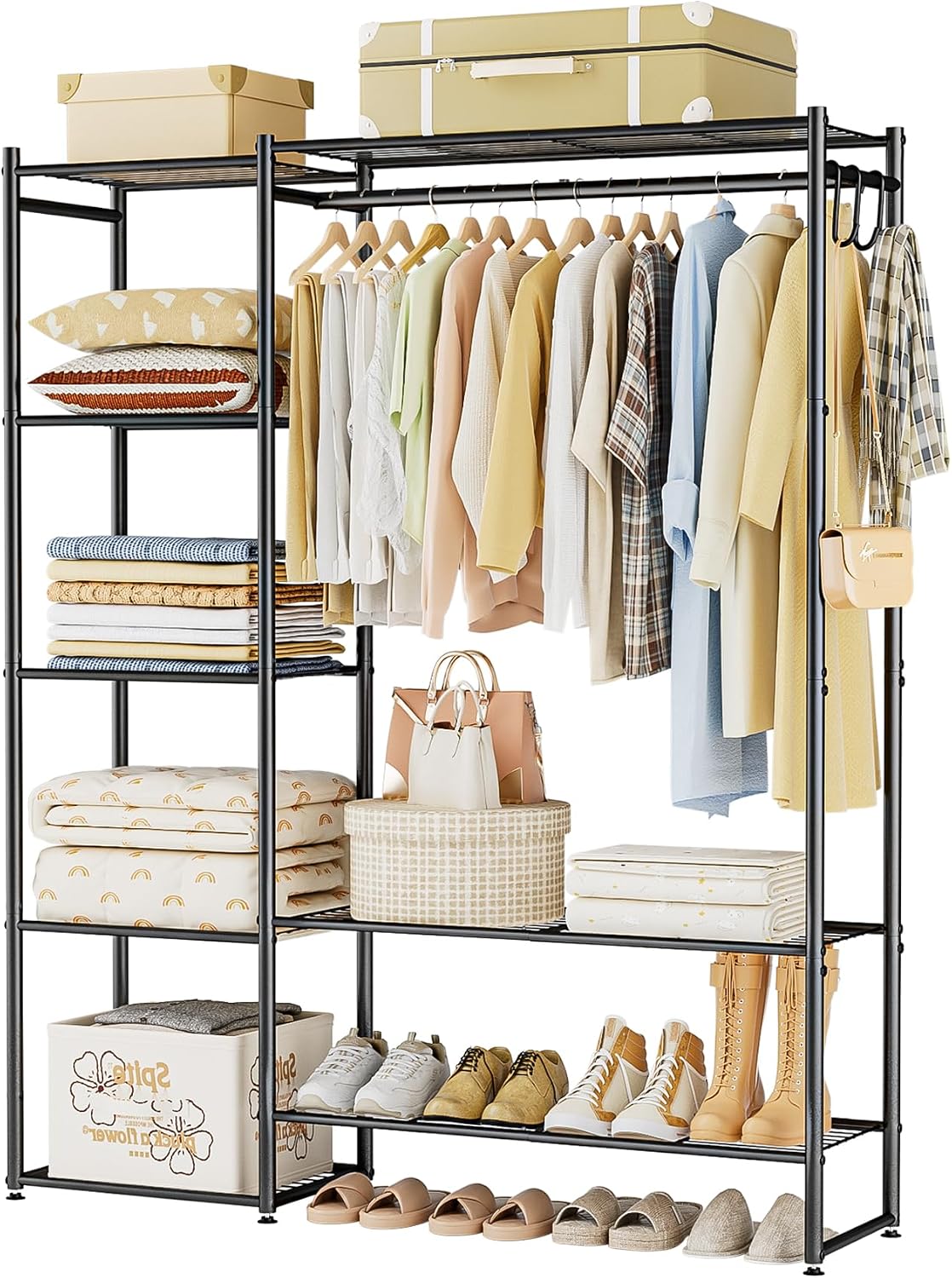 Detalle de Neprock free-standing clothes rail with hanging bar, 4 shelves and hooks (black)