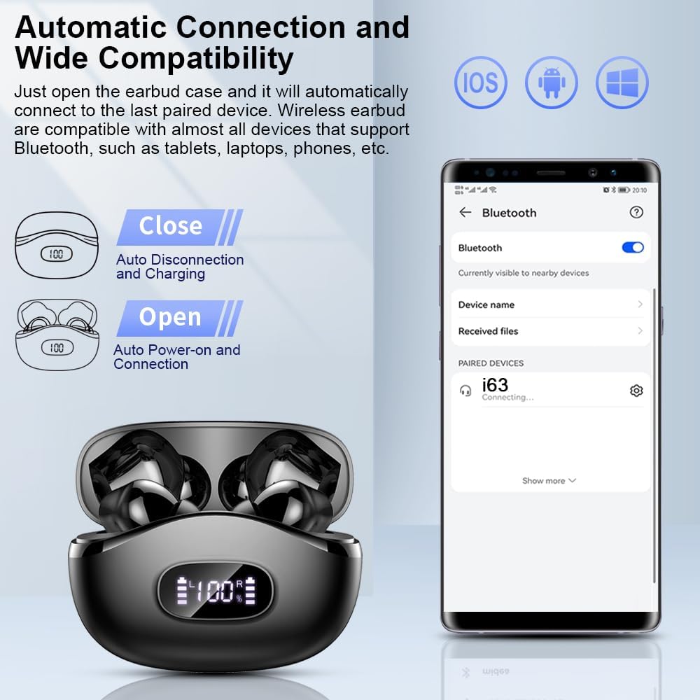 Thumbnail 6 de Wireless Earbuds with 48Hrs Playtime, Bluetooth 5.4, ENC Noise Cancelling Mic, IP-X7 Waterproof, USB-C - Black