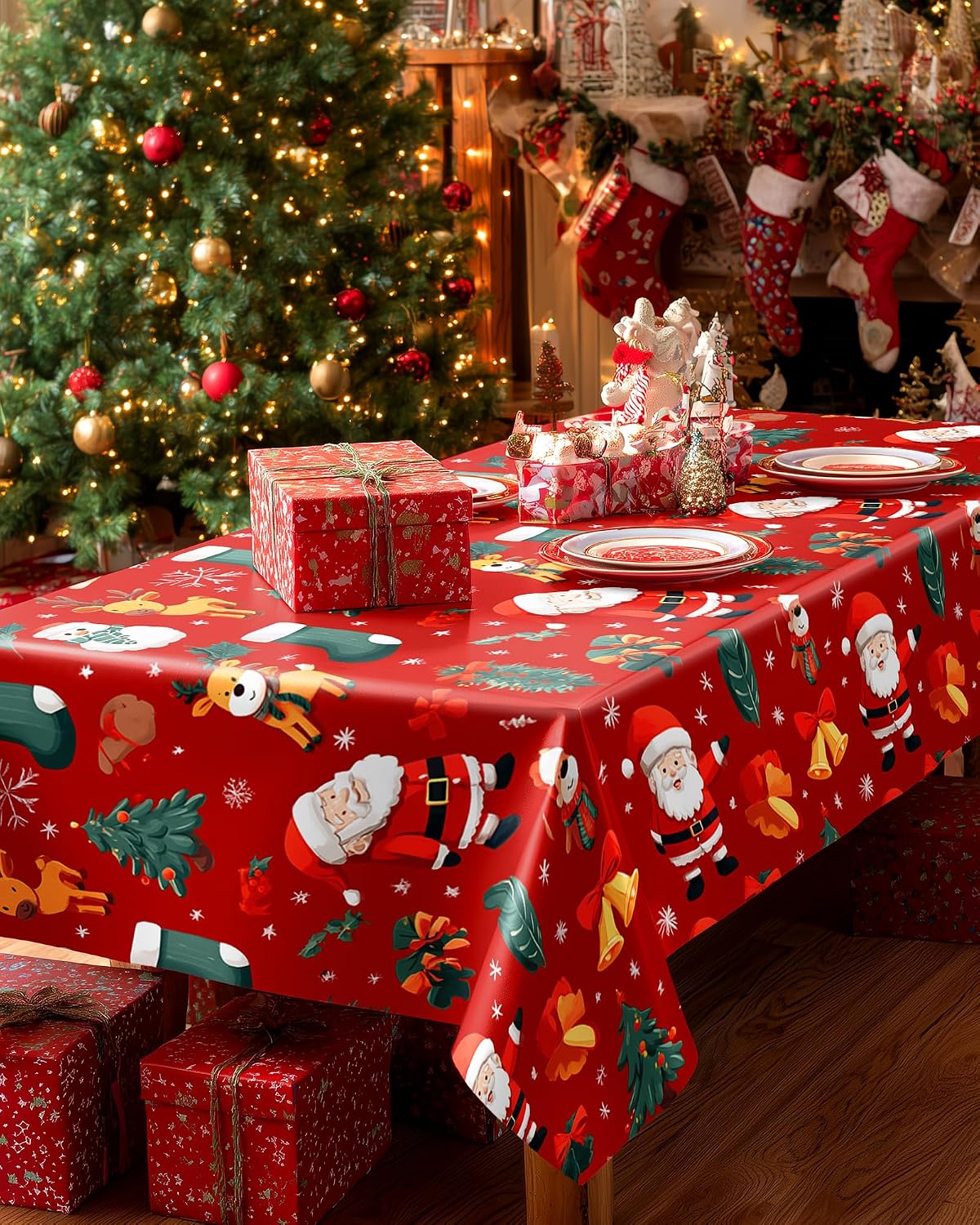 Detalle de Pureegg Christmas Plastic Tablecloths, 54 x 108 in, 4-Pack, Waterproof