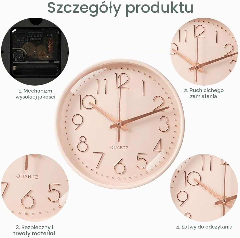 Detalle de Aolso zegar ścienny 20 cm, cichy mechanizm, różowo-złoty akcent