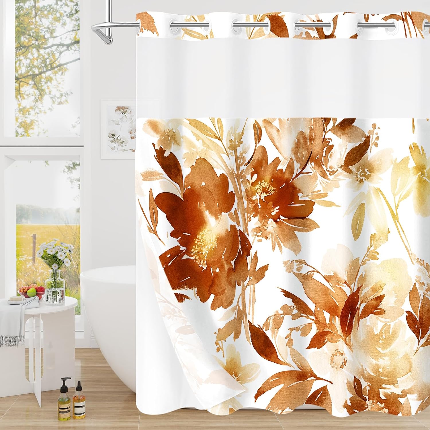 Thumbnail 6 de Litabel No Hook Black Watercolor Floral Shower Curtain and Liner Set, 72x74