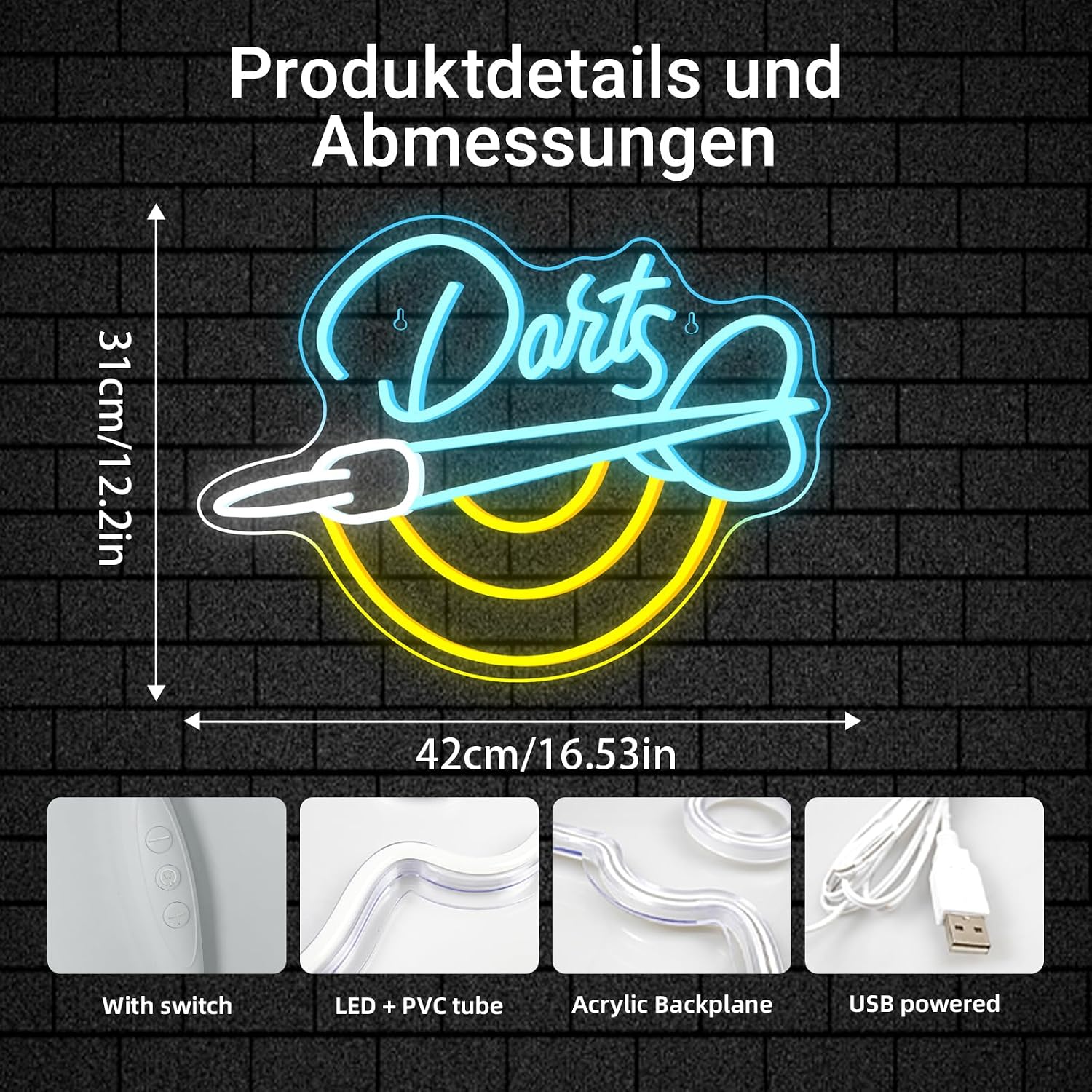 Detalle de Horseneon neonowy szyld do darta 42 × 31 cm, wielokolorowy, USB