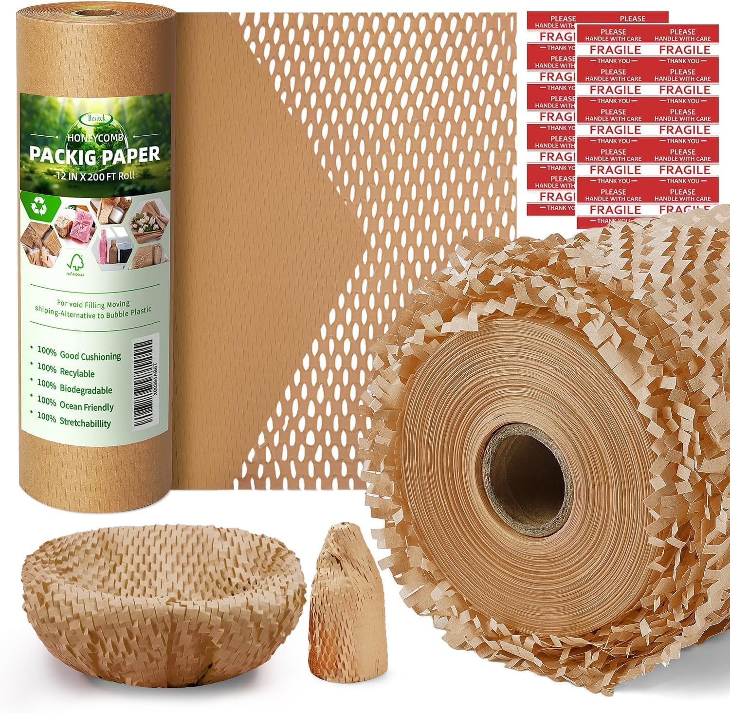 Honeycomb Packing Paper, 30cm x 60m — Eco-friendly Kraft Paper with Honeycomb Cushioning and 20 Fragile Labels