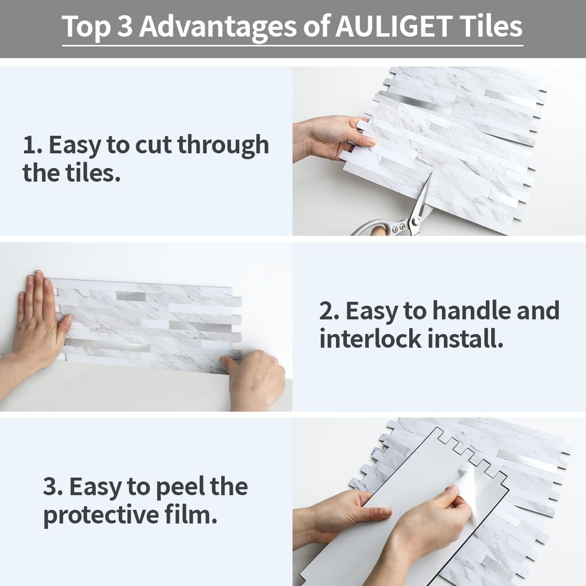 Detalle 2 de AULIGET 20 Sheets Faux Stone Peel and Stick Backsplash Tiles (White Marble Look) for Kitchen