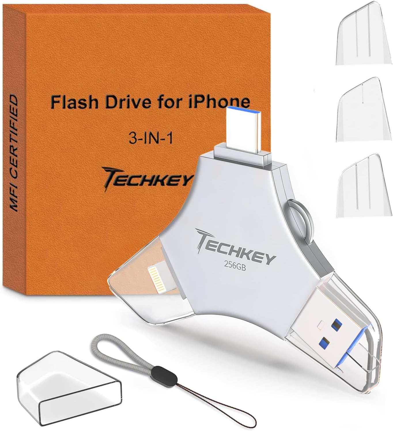 Detalle de Techkey 256GB 3-in-1 USB Flash Drive for iPhone and iPad, Silver