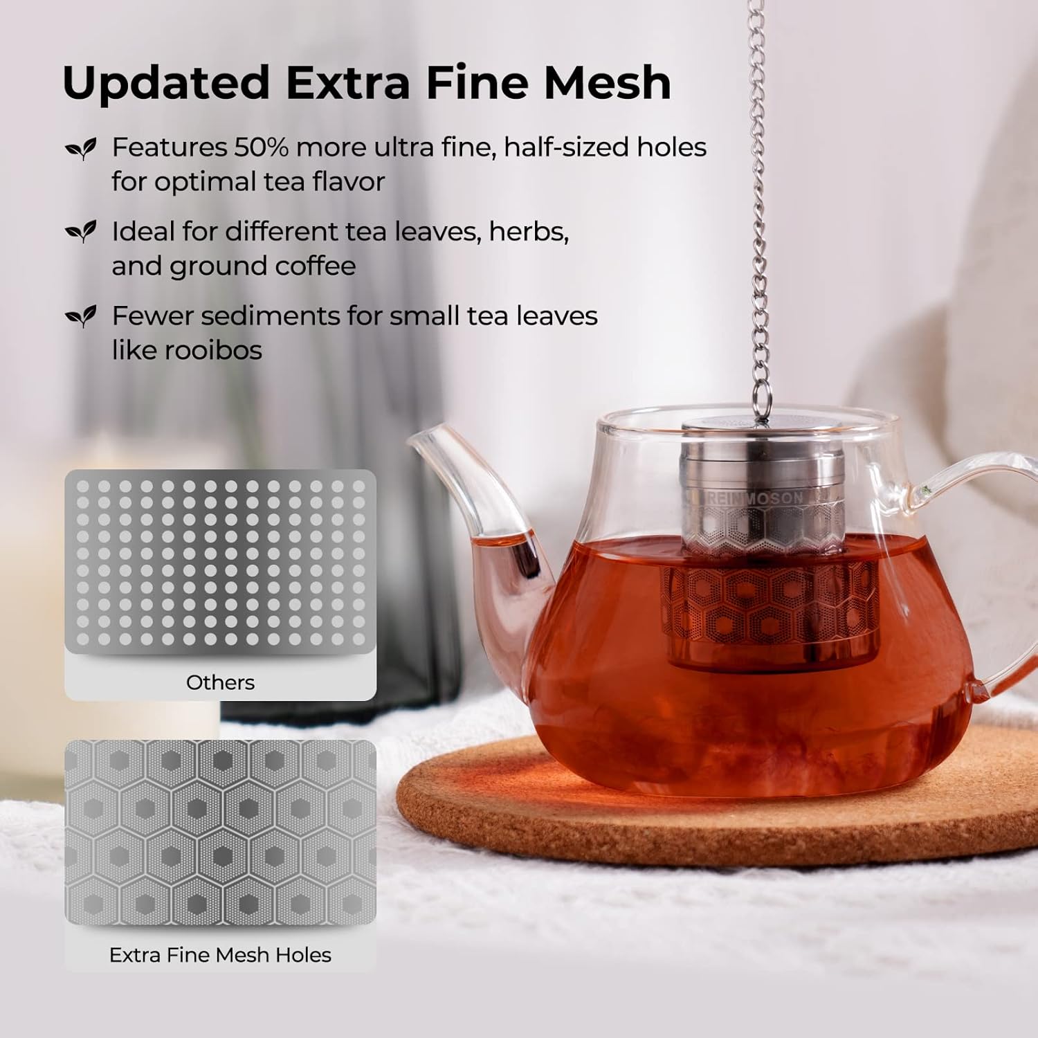 Detalle de Reinmoson 2-Pack Extra Fine Tea Strainers for Loose Tea (304 Stainless Steel, Slim Threaded Lid)