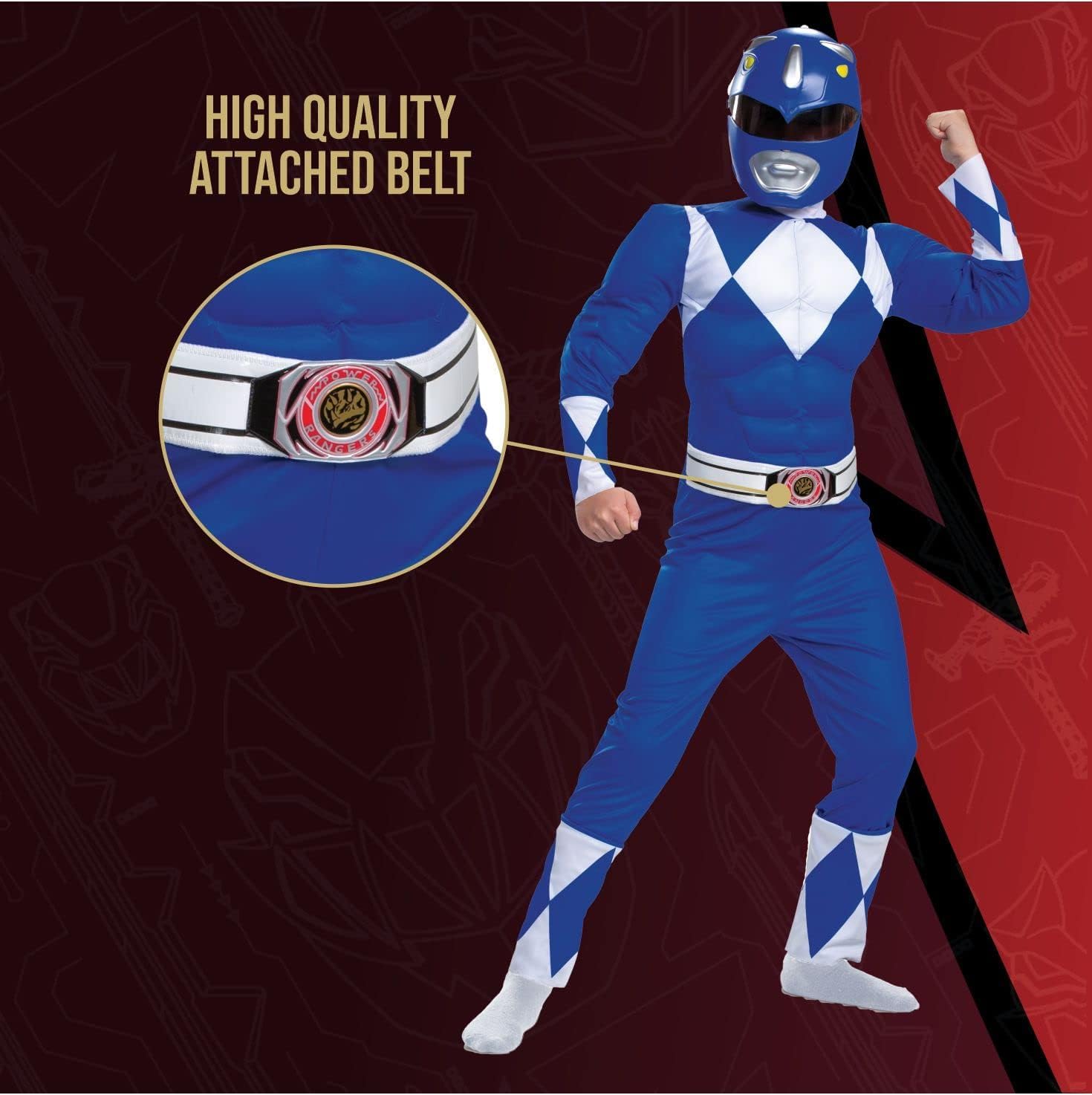 Detalle de Power Rangers IN-DG103209L Boys Blue Ranger Costume with Muscle Jumpsuit and Mask