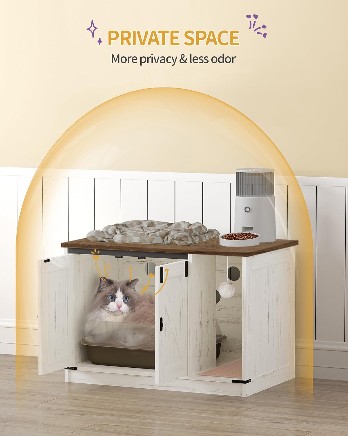Detalle 1 de Hzuaneri CB82414X Cat Litter Box Enclosure, Farmhouse Cabinet with Bell