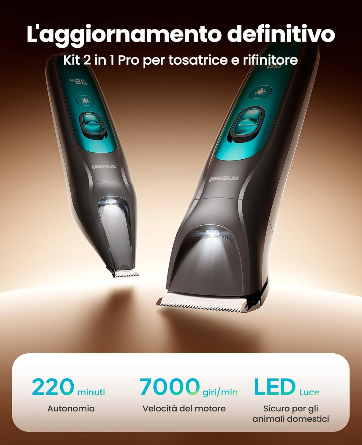 Detalle de Oneisall Tosatrice per Cane Gatto con Luce LED (Blu, 2-in-1): rifinitura efficace senza stress