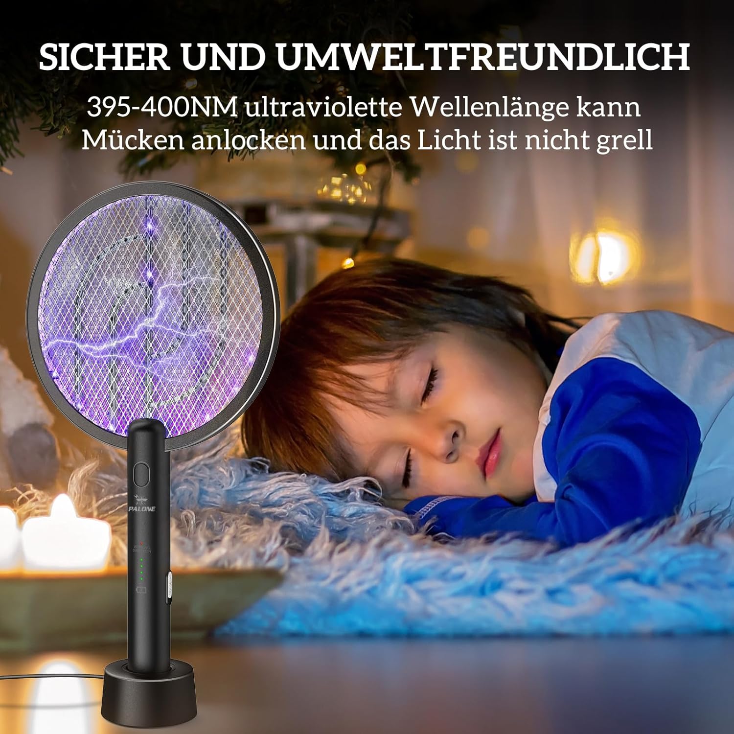 Detalle de PALONE Elektrische Fliegenklatsche 4000V – Wiederaufladbar, 2‑in‑1 Insektenvernichter mit UV-Lampe