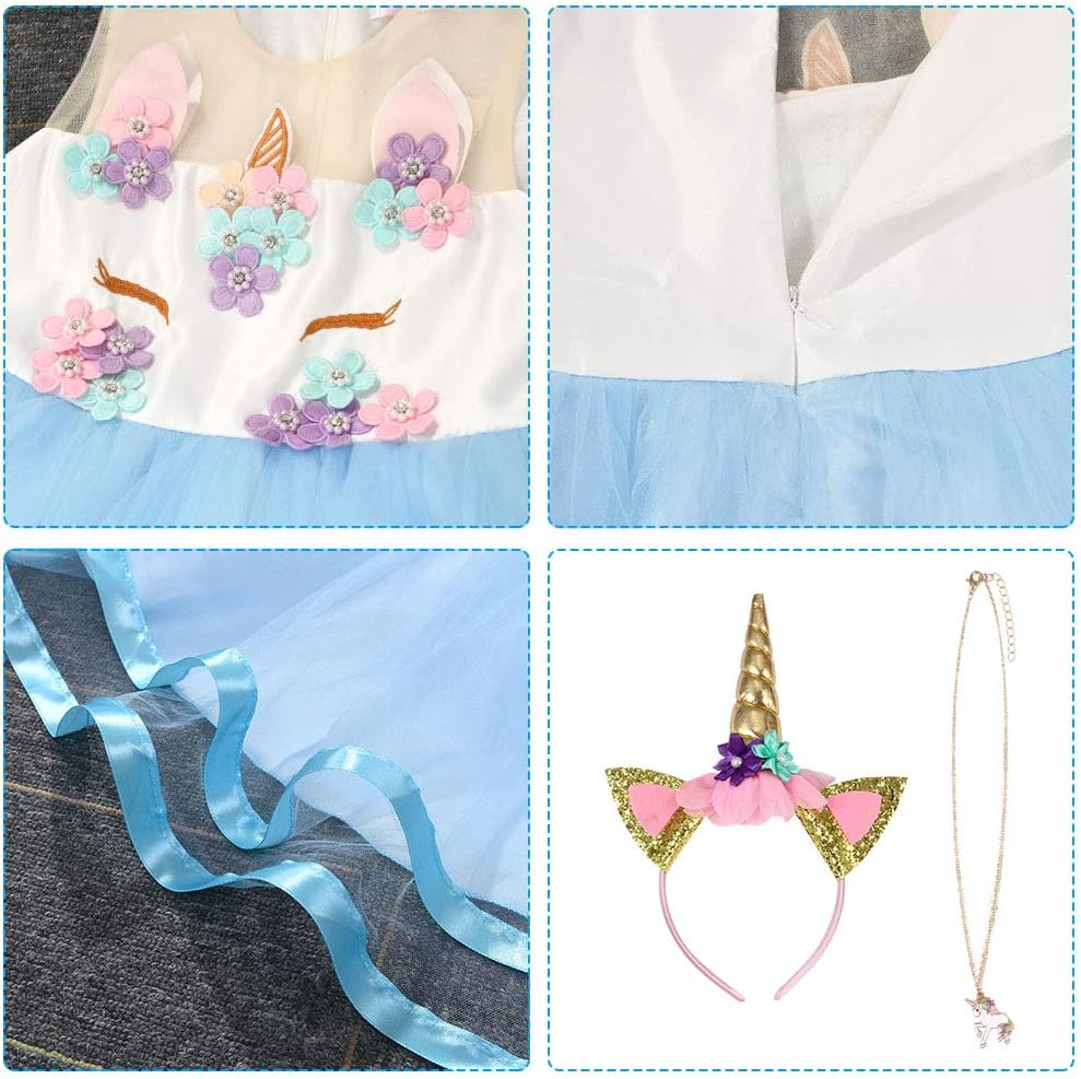 Detalle de URAQT Mädchen Prinzessin Kleid mit Einhorn-Design (inkl. Halskette & Stirnband) – Blau, 110 cm