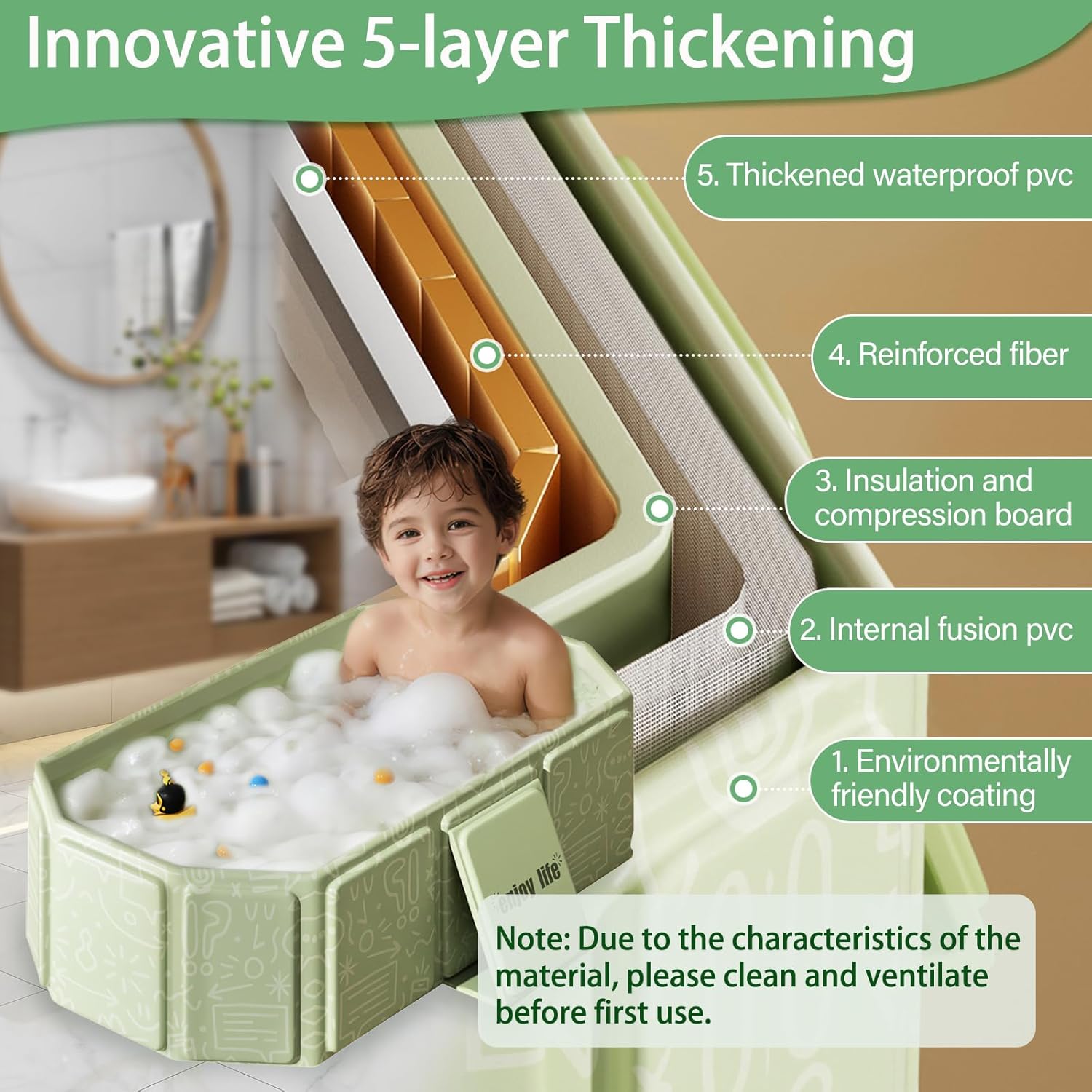 Thumbnail 3 de Vasca da bagno pieghevole per bambini 0-8 anni verde, multiuso e salvaspazio (con tappo di scolo)