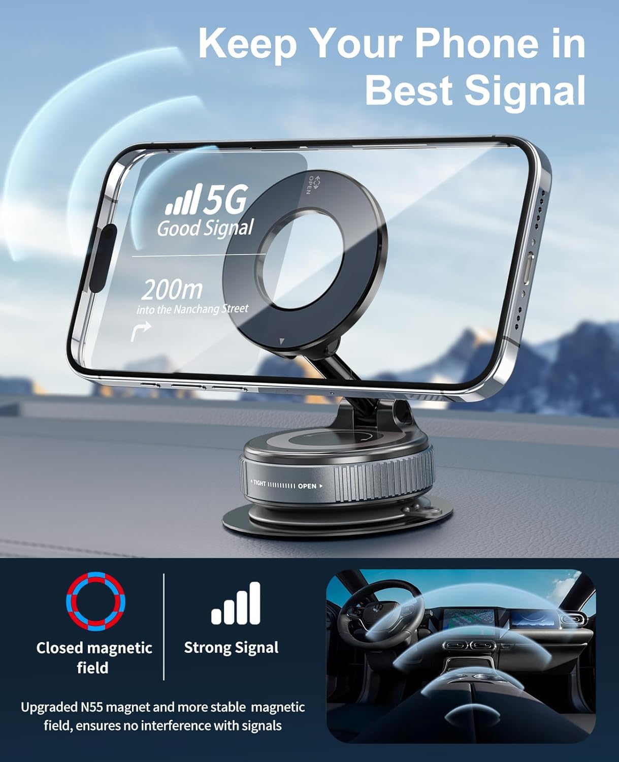 Detalle 1 de 2026 Magnetic Suction Phone Mount for MagSafe – 360° Adjustable Vacuum Suction Car Holder (Black)
