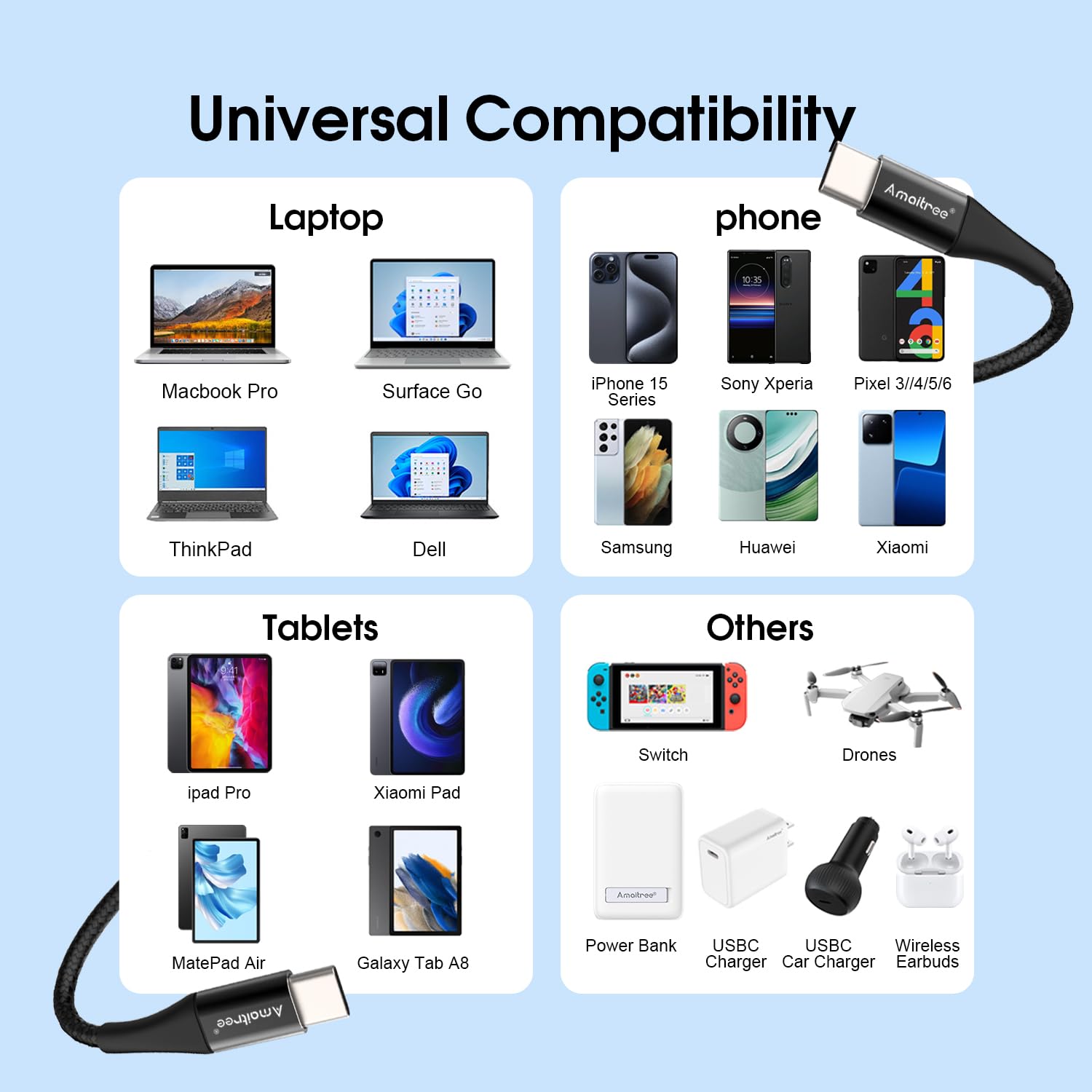 Thumbnail 6 de Amaitree USB C to USB C Cable (4 ft, 3A, 60W) – Ultra-Durable Nylon Braided Type-C Link for iPhone, Galaxy, iPad Pro, and More