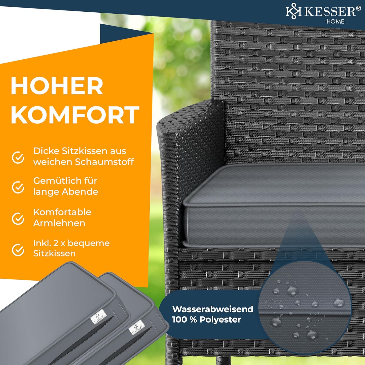 Thumbnail 3 de KESSER Polyrattan Gartenbank mit Tisch, 2-Sitzer, 143x63x88 cm – wetterfest, inkl. Kissen & Cover, Anthrazit
