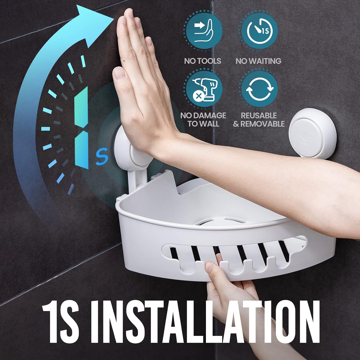 Detalle 2 de TAILI AW909 Corner Shower Caddy, White Plastic, Drill-Free Suction Mount
