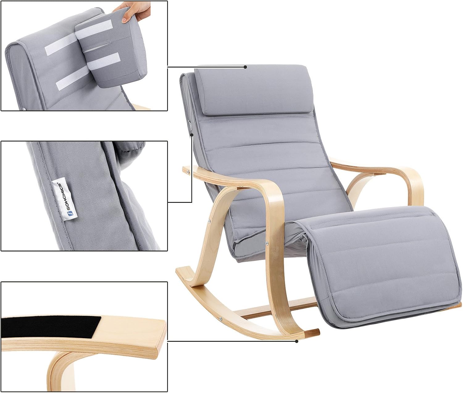 Detalle de SONGMICS Sedia a Dondolo in Legno di Betulla LYY41G: comfort, stile e praticità a 5 altezze