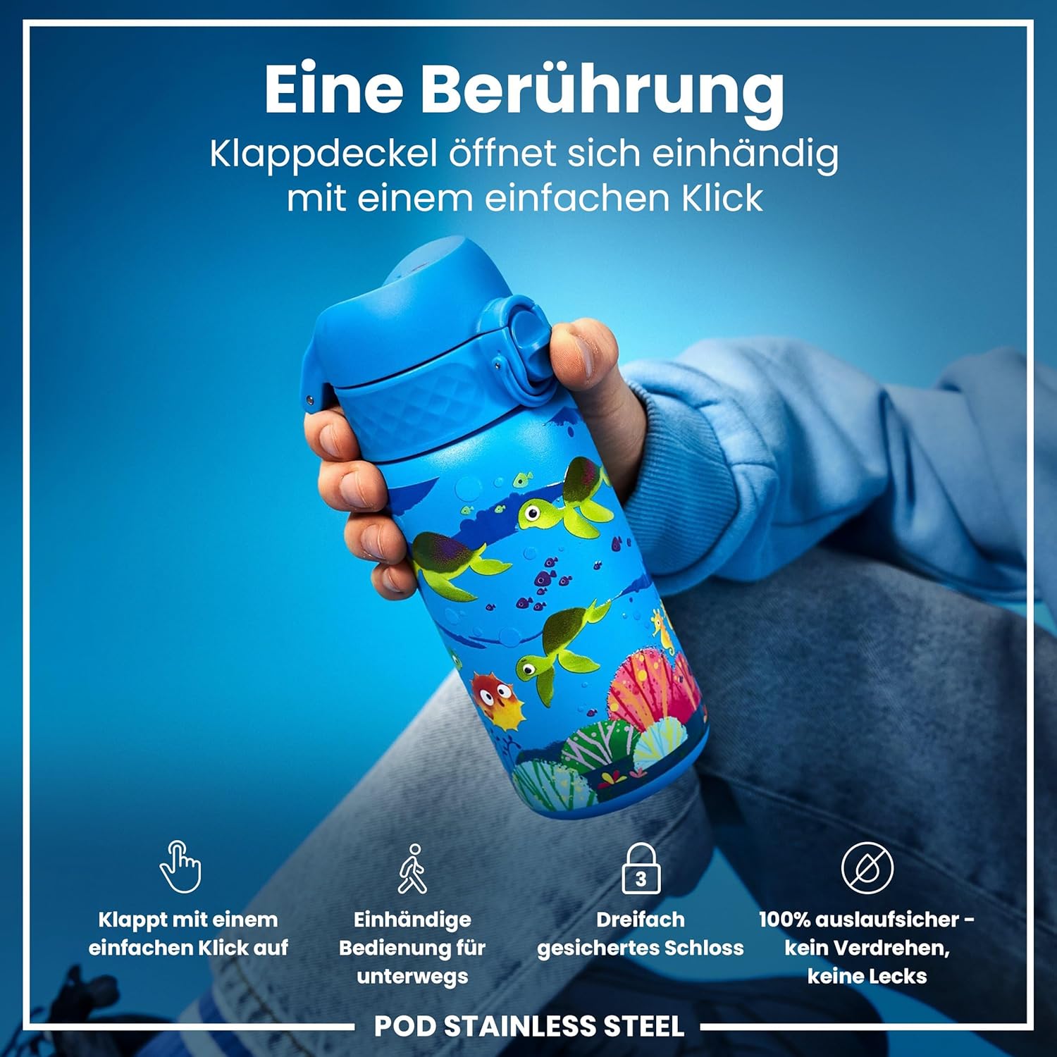 Thumbnail 2 de ION8 Edelstahl-Trinkflasche 400 ml - Meeresschildkröte, auslaufsicher, spülmaschinenfest, einhändige Öffnung