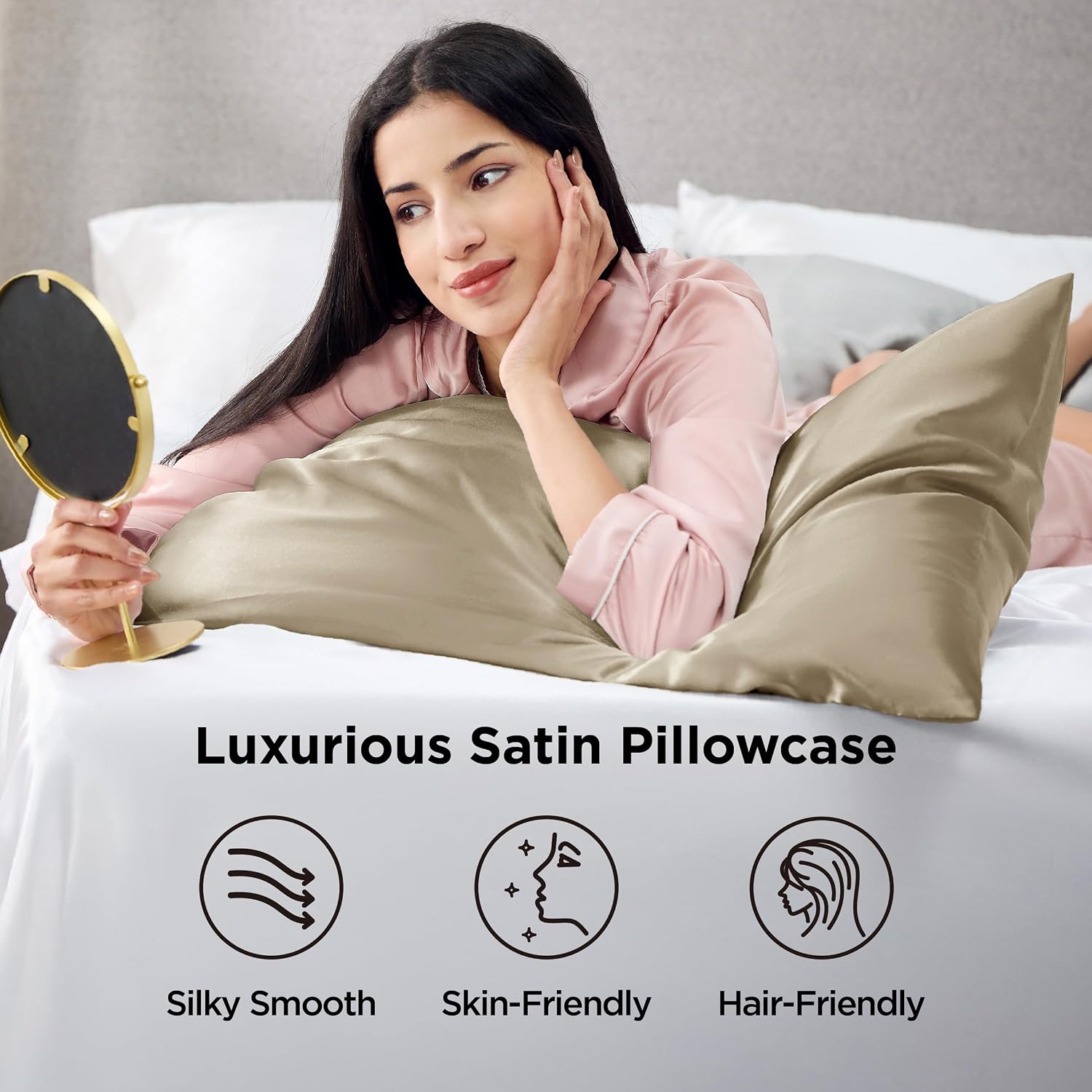 Detalle de Bedsure BA701A4AE3ST Satin Pillowcases, Queen 2-Pack, Taupe with Envelope Closure