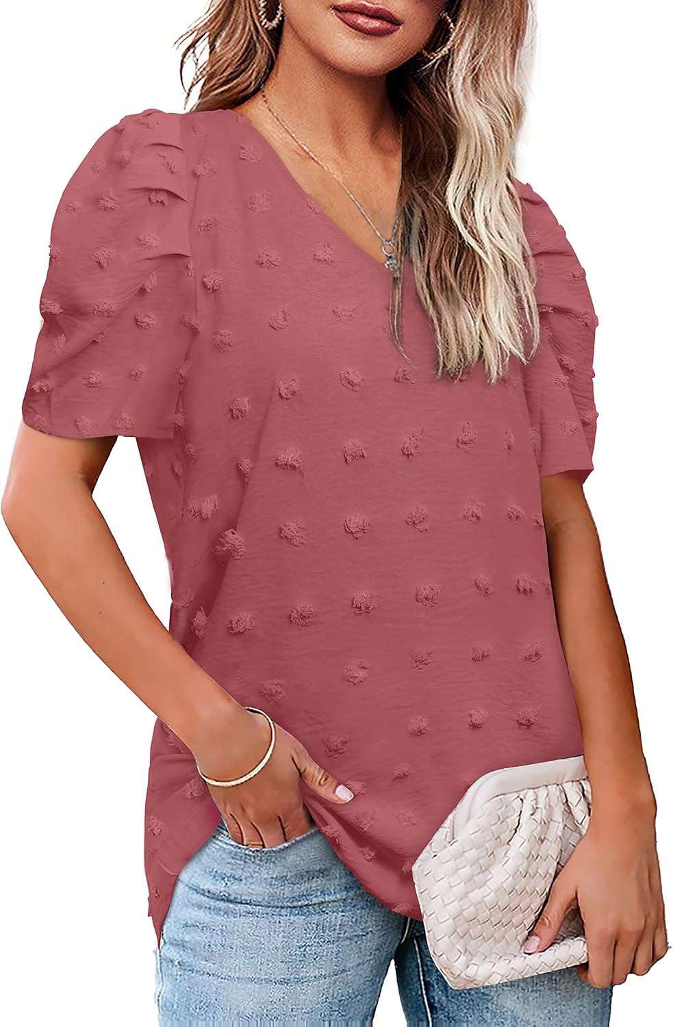 Detalle de Aokosor Ladies Tops: Swiss Dot V-Neck Puff Sleeve Blouse for Everyday Style