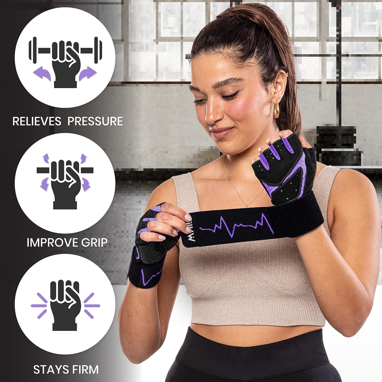 Detalle 2 de MhIL B9417 Workout Gloves, Purple Silicone Grip, Padding and Wrist Wraps