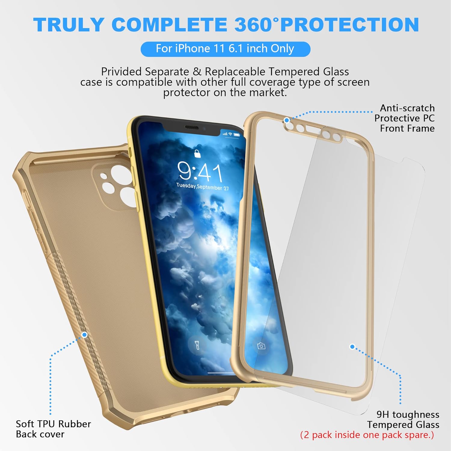 Detalle de ORETECH for iPhone 11 Case with 2 x 9H Screen Protectors, 360° Full Body Shockproof Protection