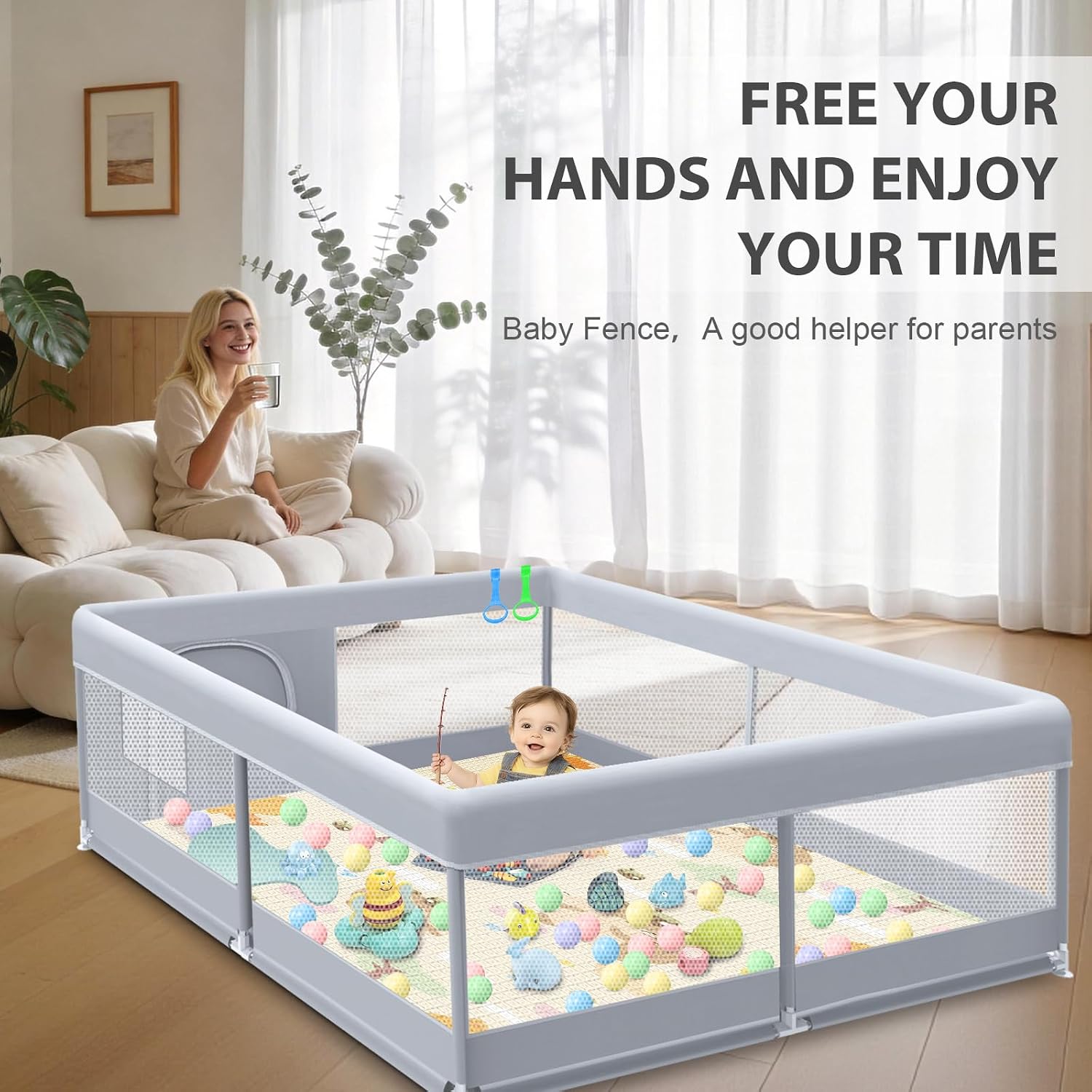 Detalle de XVISHX 50 x 50 Inch Baby Playpen with Mat, Mesh Sides & 18 Balls