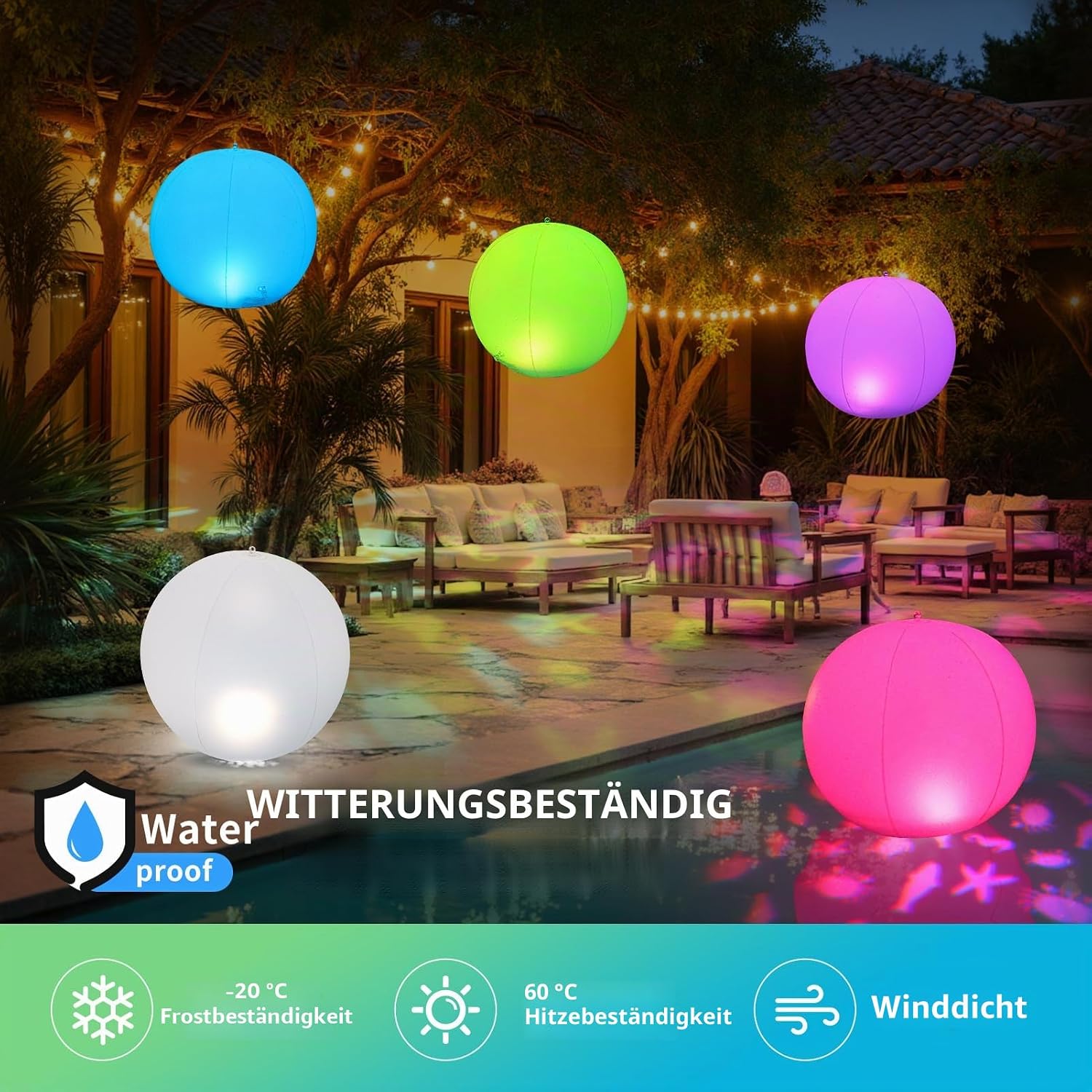 Detalle de Luxfero Schwimmende Solar-Poolbeleuchtung – aufblasbare Leuchtkugel, IP68, 2er-Set