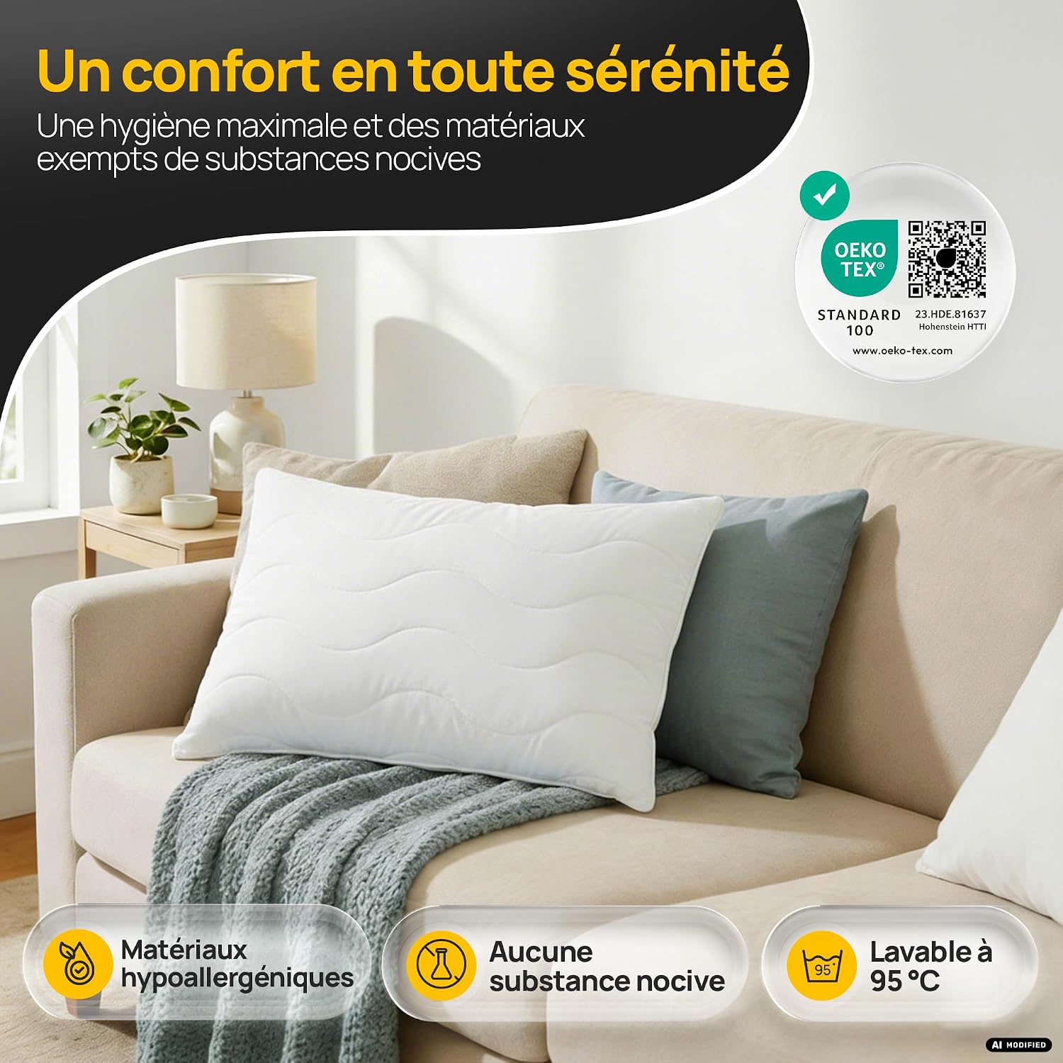 Detalle de LILENO HOME hoofdkussen 50 x 30 cm, polyester vulling en verstelbare ritssluiting