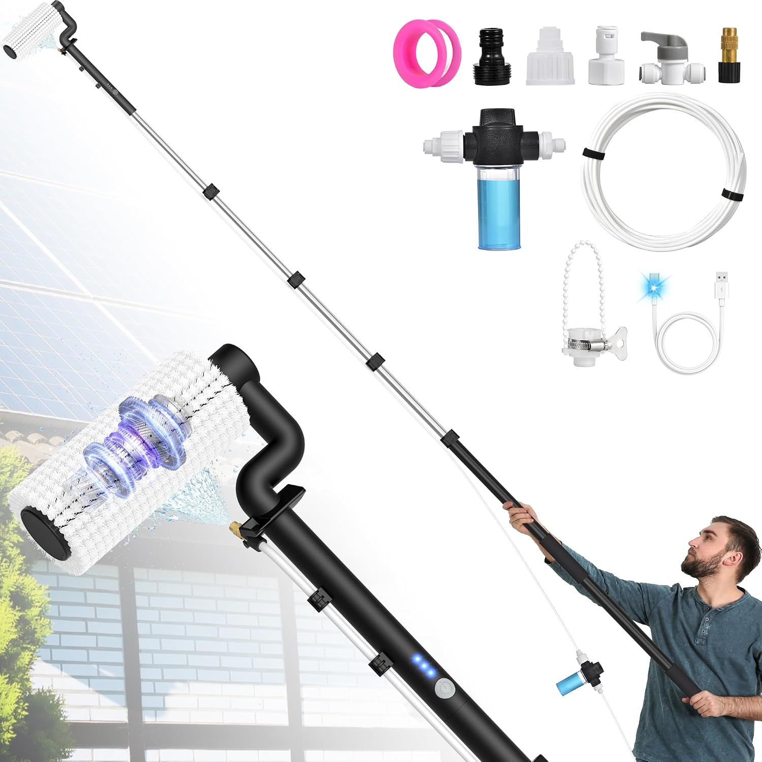 Detalle de Lyrifine Elektrische Teleskop Waschbürste mit Wasseranschluss – 6,2 m, PV-Anlage & Fensterreinigung
