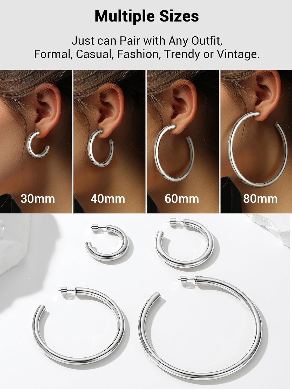 Detalle de PROSTEEL Boucles d’oreilles demi-créoles ouvertes en acier inoxydable (20 à 80 mm) pour femme