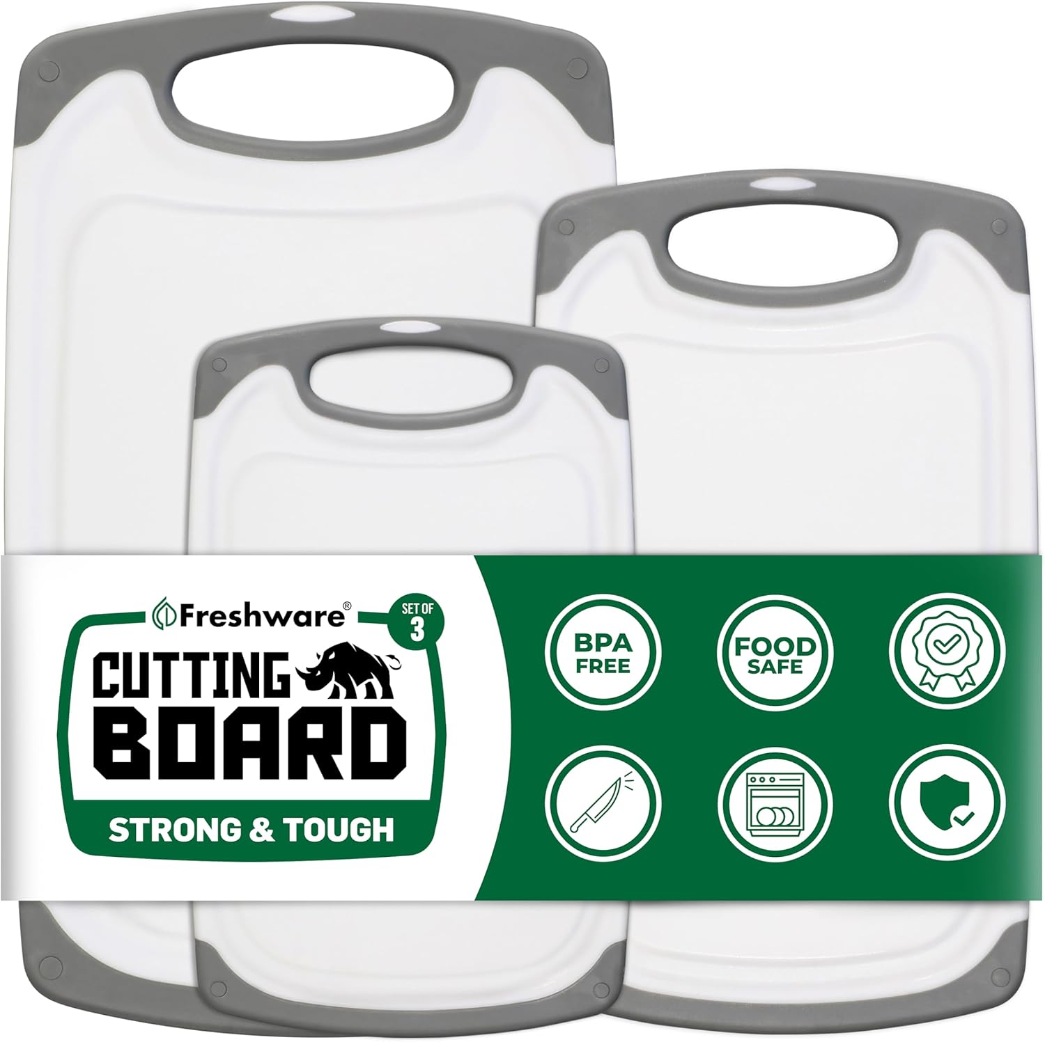 Thumbnail 1 de Freshware Kitchen Cutting Boards (3-Pack) with Juice Grooves, Non Slip Handles, Reversible & Dishwasher Safe (Gray)