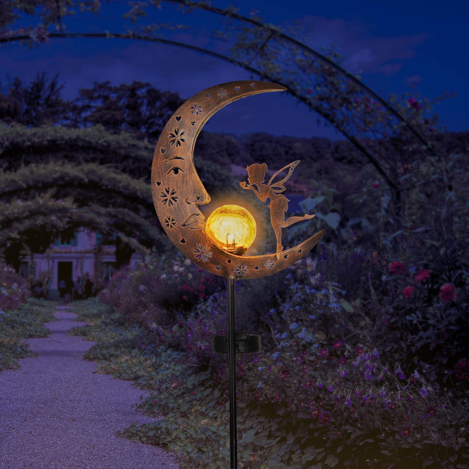 Thumbnail 5 de TERESA'S COLLECTIONS 100cm High Moon Solar Lights Outdoor Garden Fairy Stake with Warm LED & Crackle Glass Ball