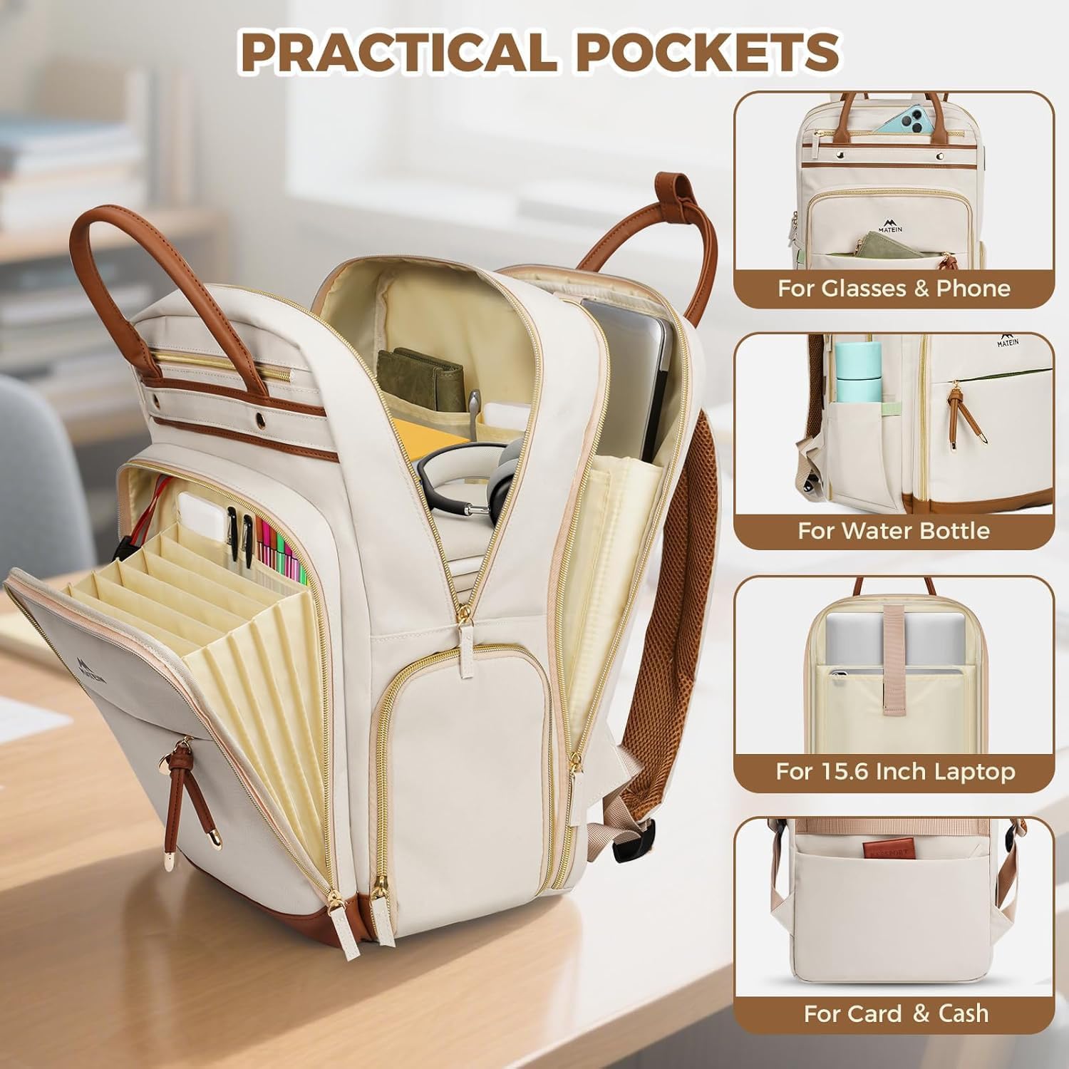 Detalle de MATEIN Laptop-Rucksack Damen 15,6 Zoll (2-in-1) mit abnehmbarem Kühlfach, USB-Ladeanschluss und A5-Dokumentenmappe – Beige