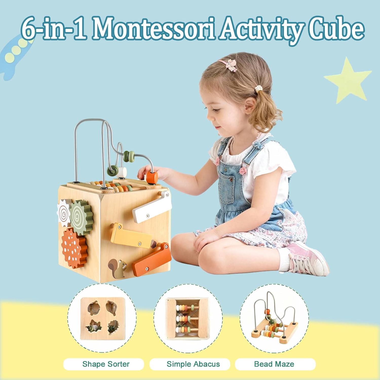Detalle de Smartwo Montessori Wooden Activity Cube for Ages 1–4