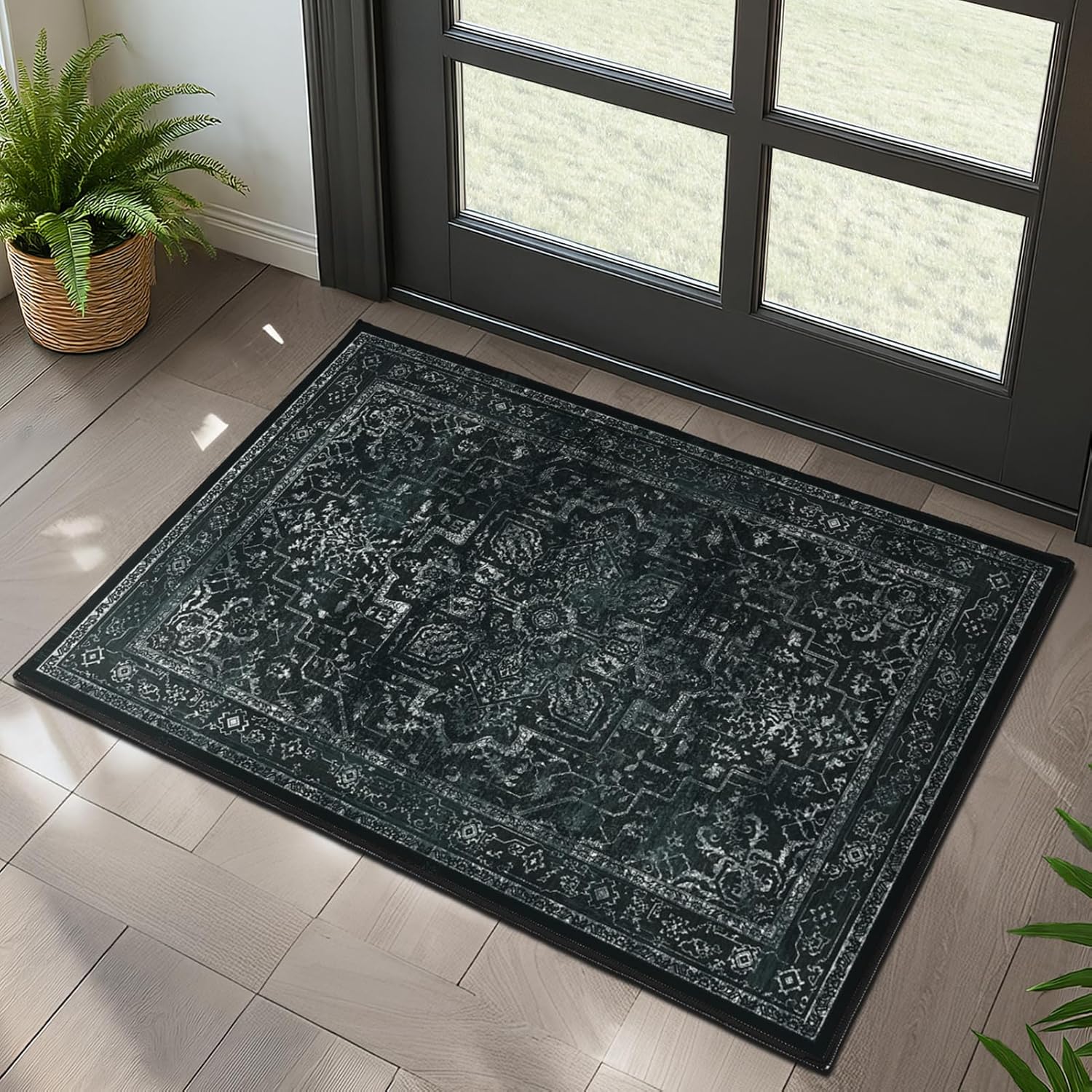 Detalle de Jainmy Distressed Black Kitchen 2x3 Rug — Non-Slip, Washable, Vintage Medallion Entrance Mat
