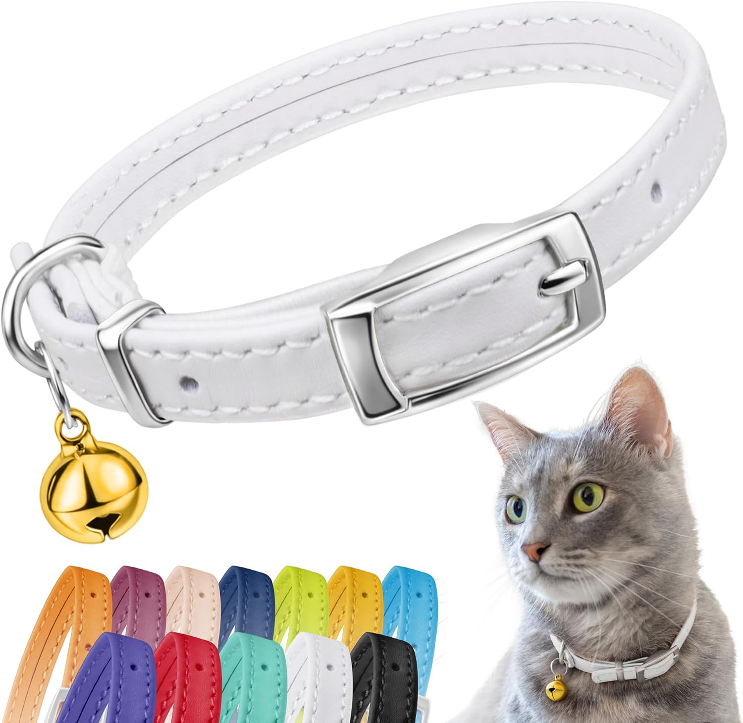 Detalle de CollarDirect Leder Katzenhalsband mit Sicherheitsverschluss und Glocke, 23–28 cm Weiß