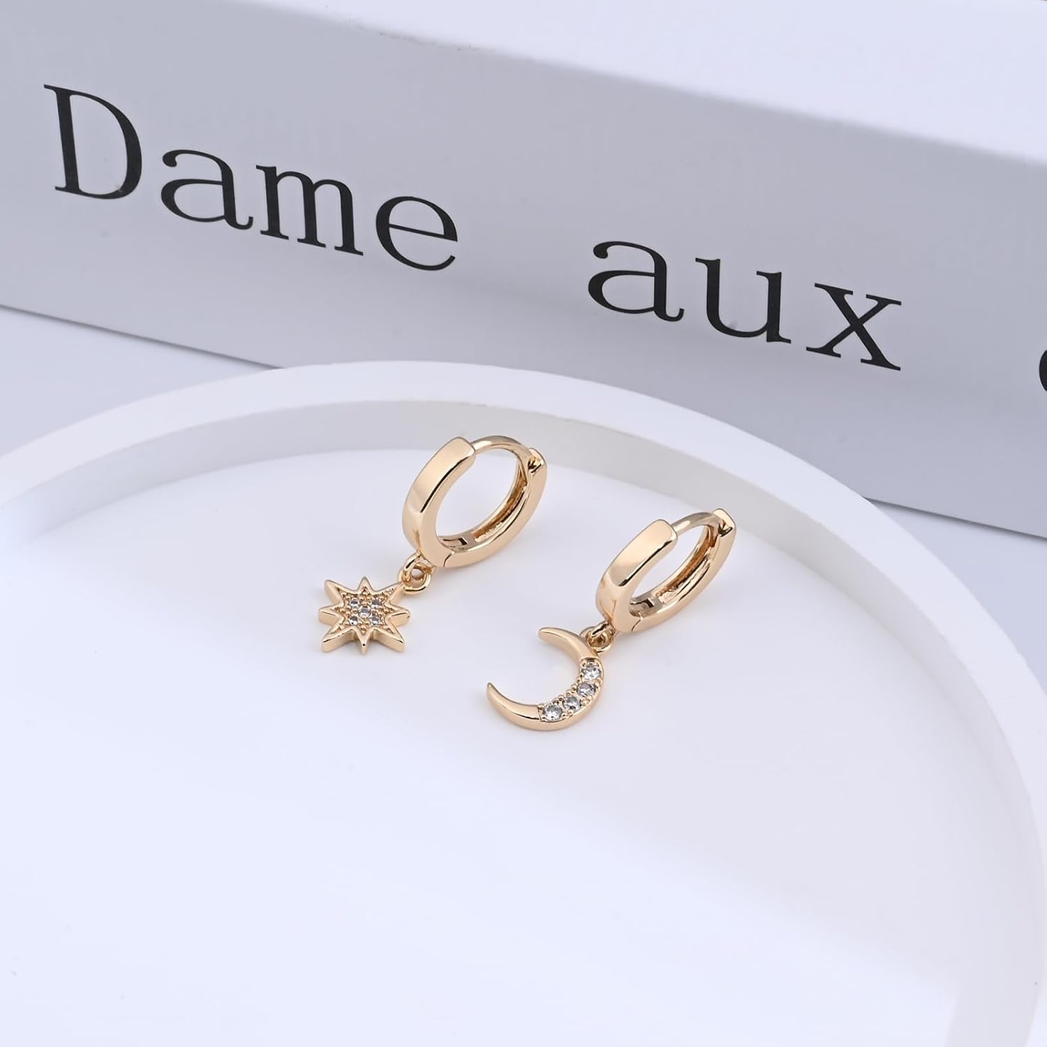 Thumbnail 5 de 14K Gold Plated Moon and Star Earrings – 925 Sterling Silver Hoop Earrings for Women