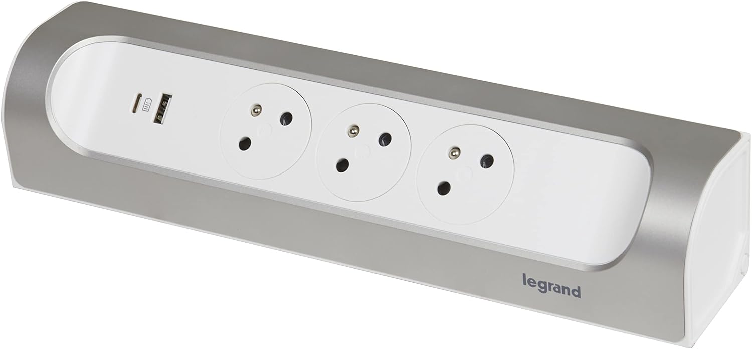 Thumbnail 2 de Legrand multiprise d’angle à câbler avec terre, 3 prises surface + USB-A/USB-C (blanc et alu)