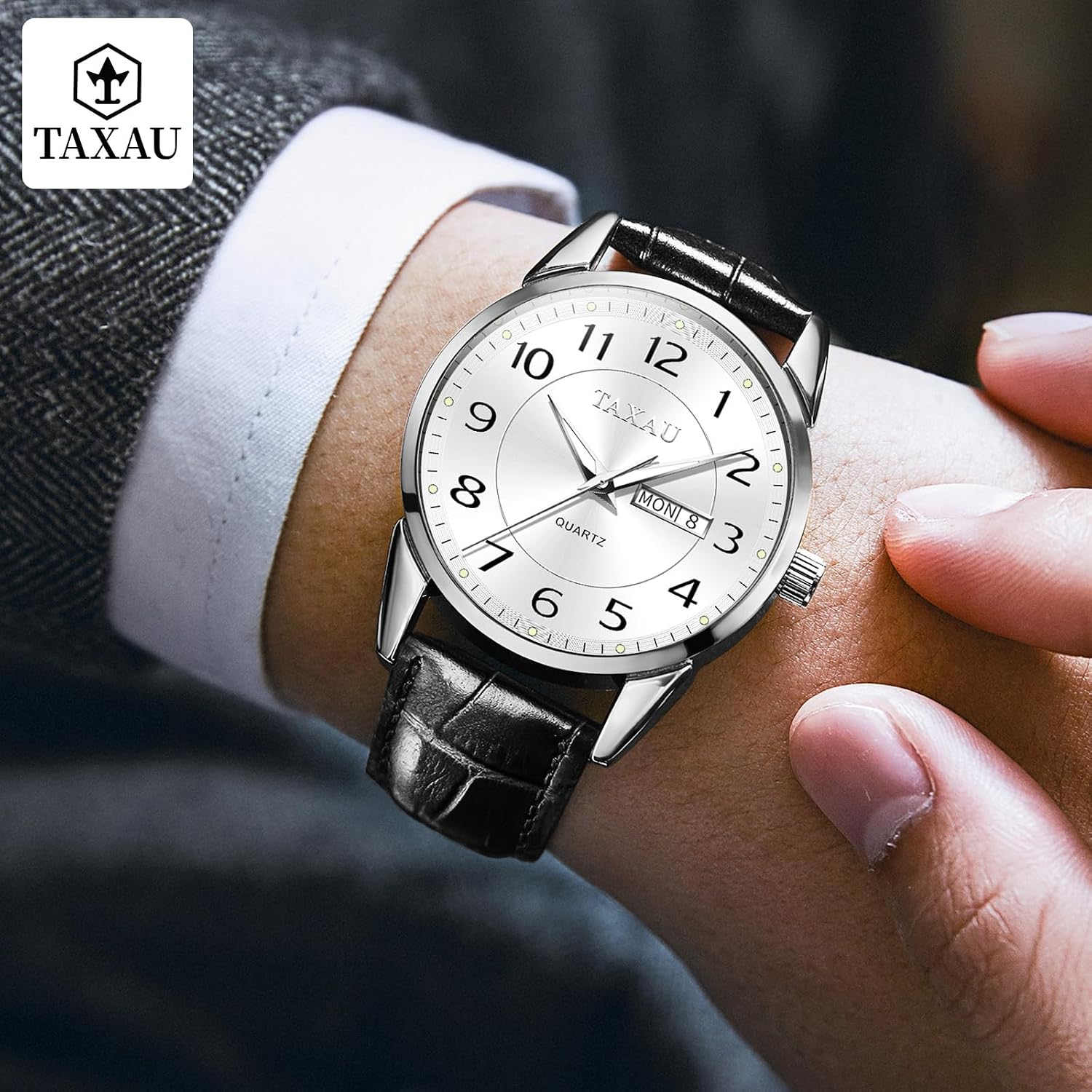 Thumbnail 4 de Taxau Klassische Lederuhr Männer Analog Quarz 41 mm