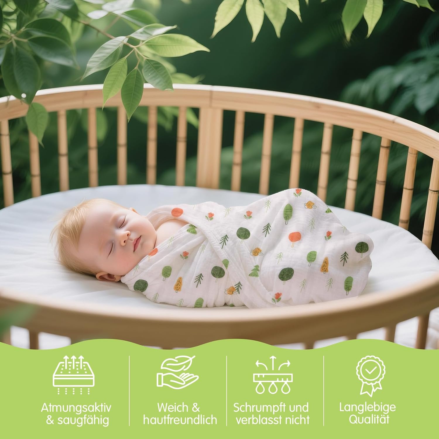 Detalle de Hahaland 9-teiliges Baby Geschenkset – Waldmotiv, Wickeltuch, Rasseln und Meilensteinkarten