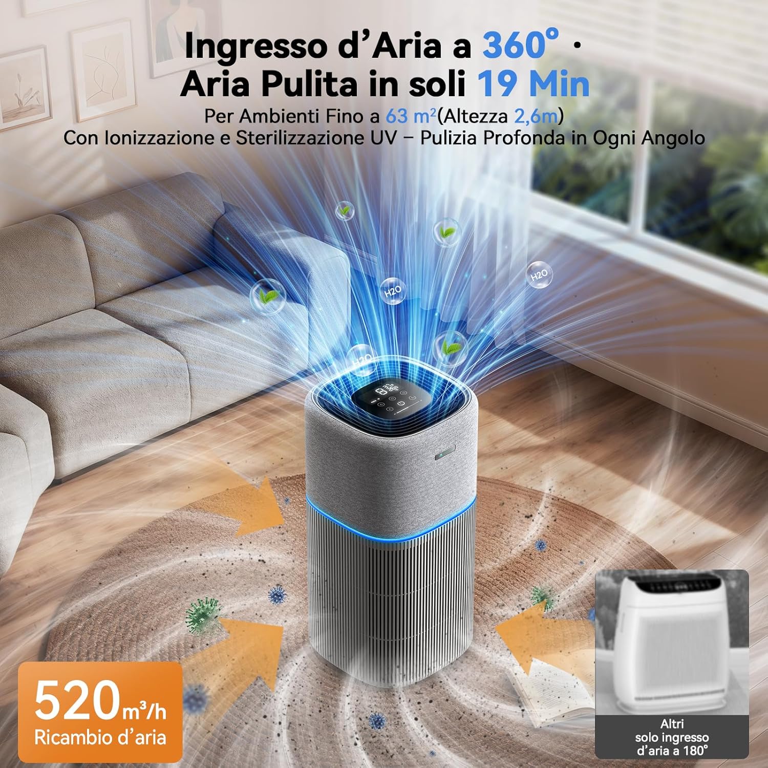 Thumbnail 2 de Amicura P3 purificatore d’aria intelligente per grandi ambienti fino a 250 m² con filtro H13 HEPA e carbone attivo